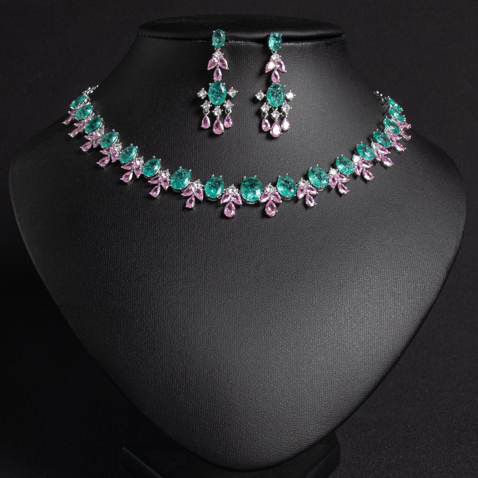 Luxury Aqua Blue & Pink Crystal Necklace Set for Women – Elegant Statement Jewelry