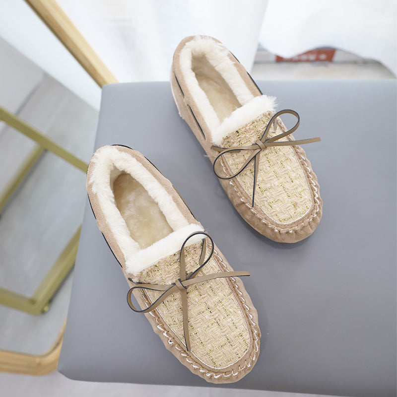 Fashion Large Size Fleece Bow Soft Sole Loafers