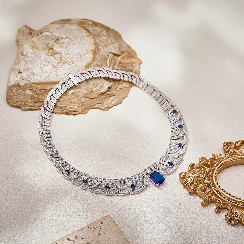 Blue Sapphire Crystal Necklace and Earrings Set Luxury Jewelry for Women Elegant Party Set
