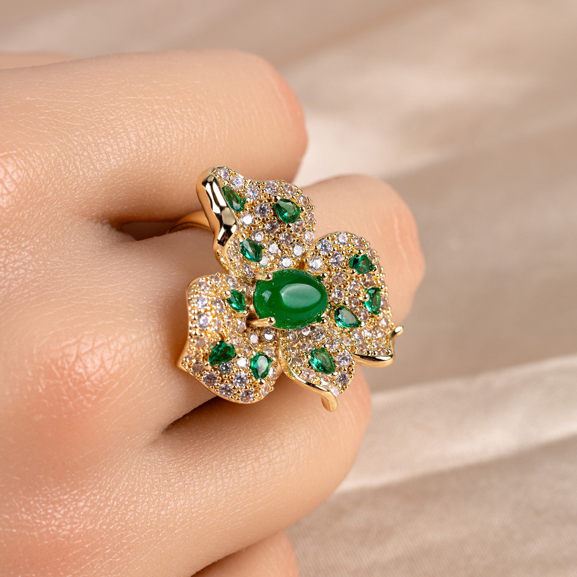 Vintage Gold Tone Red Crystal Flower Cocktail Ring for Women