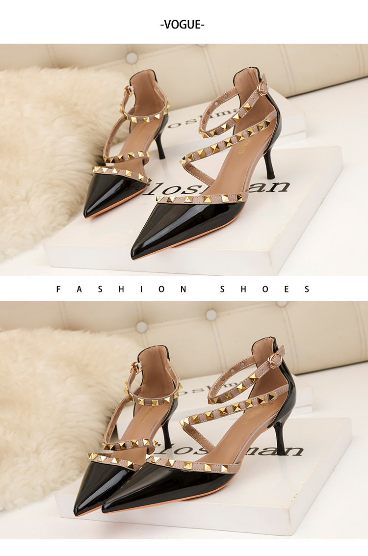 Simple pointed rivets hollow word with high heels sandals