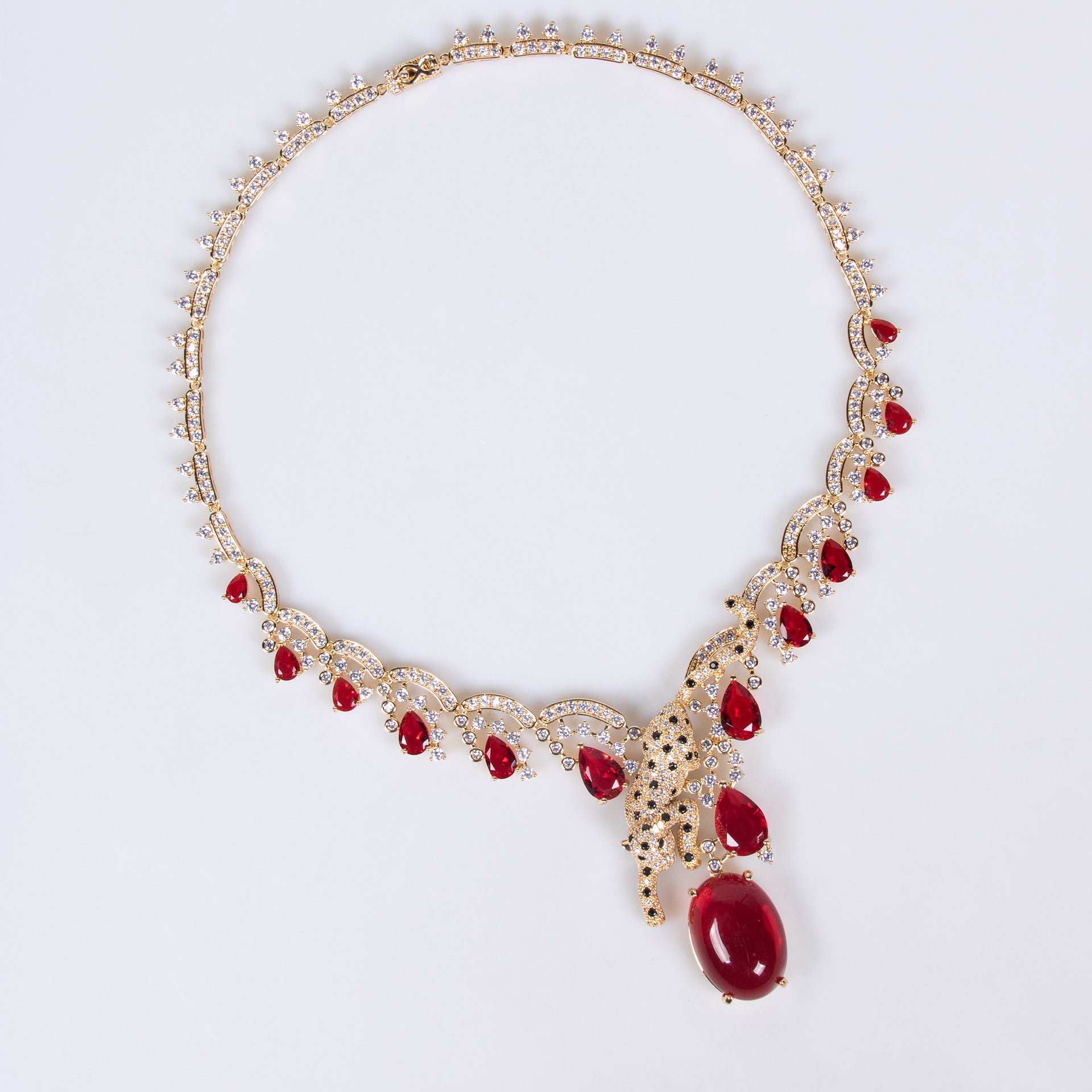 Luxury Ruby Red Leopard Jewelry Set – Gold Statement Necklace Earrings Bracelet
