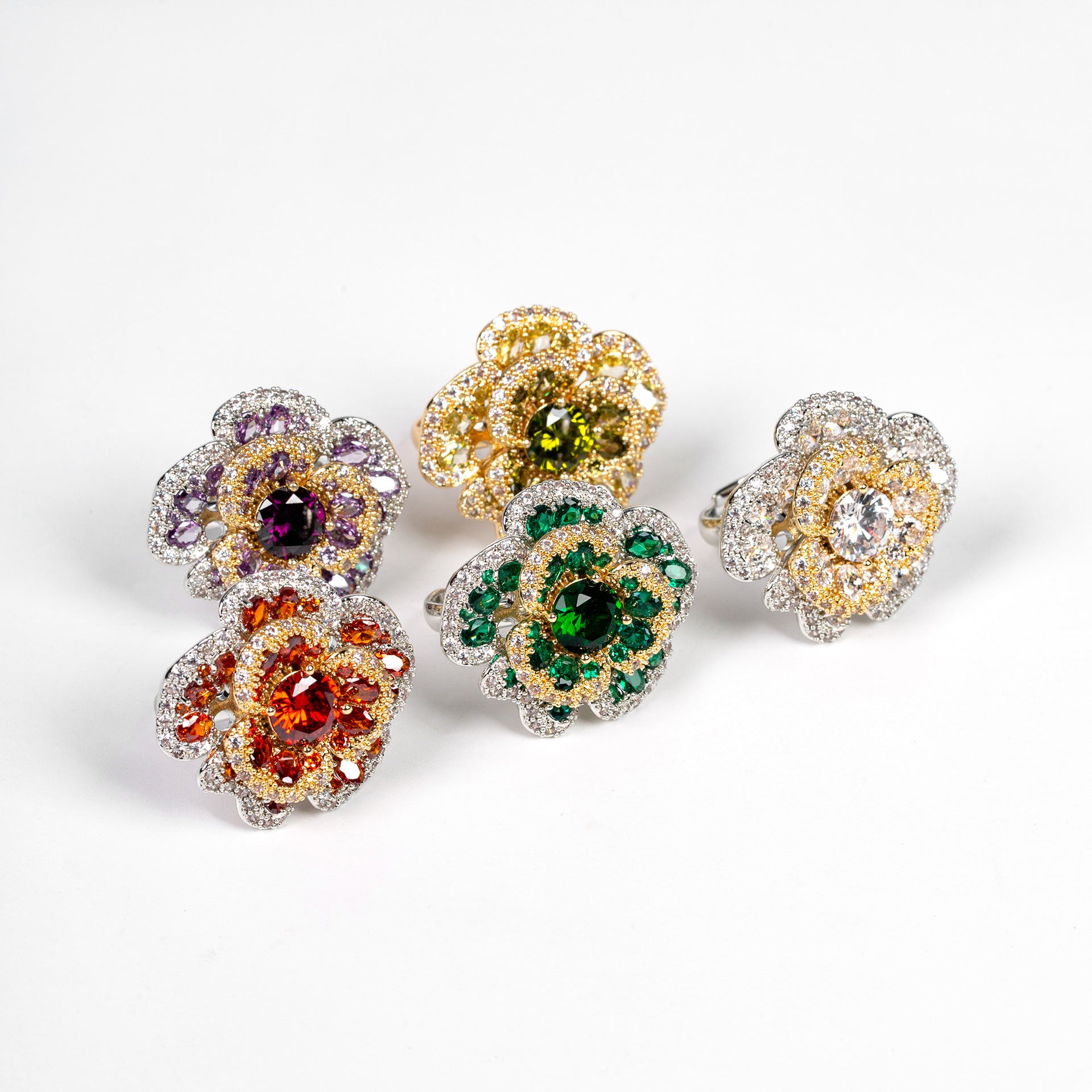 Luxury Red Orange Crystal Flower Ring for Women