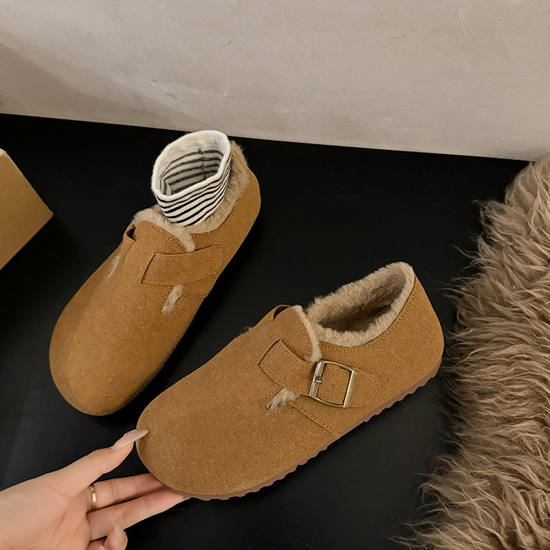 Winter retro round head flat-bottomed velvet thermal loafers