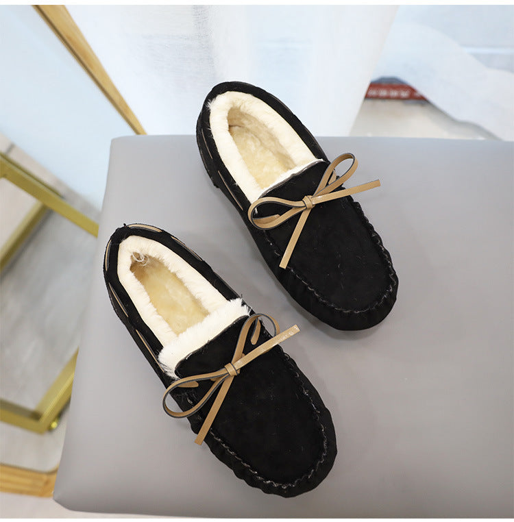 Fashion Large Size Fleece Bow Soft Sole Loafers