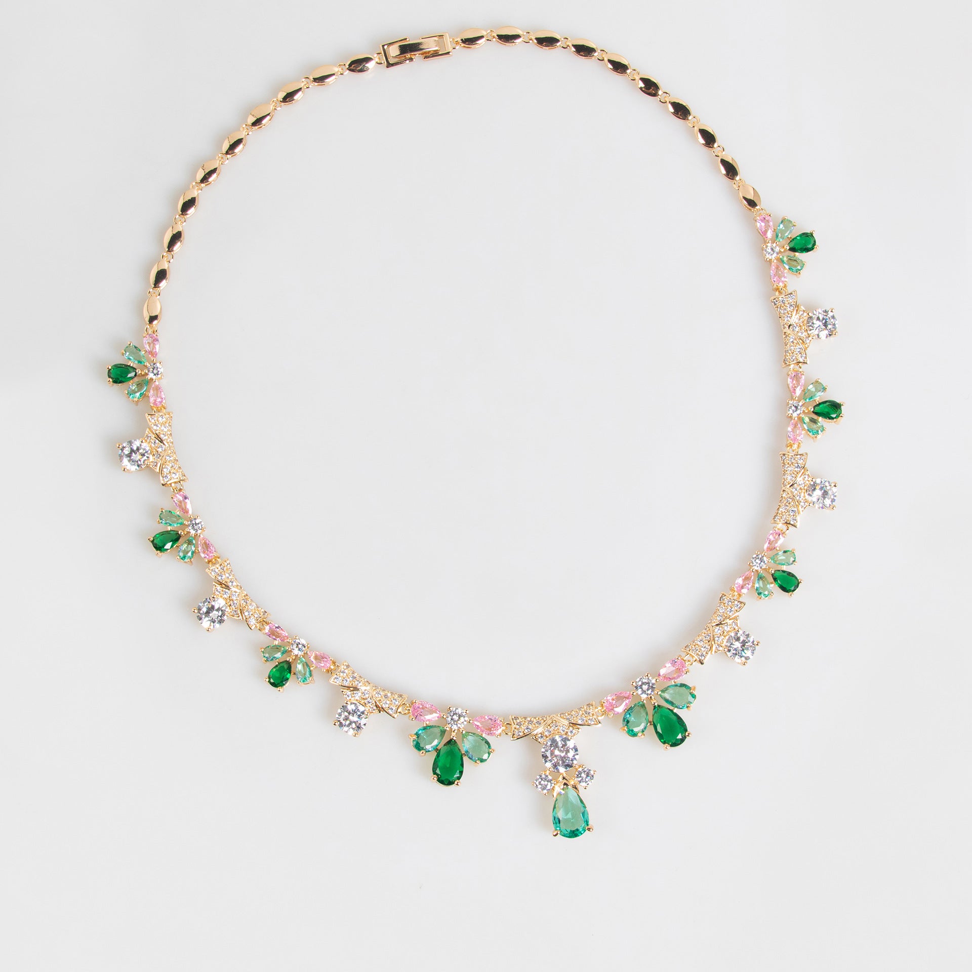 Luxury Emerald Green Floral Crystal Necklace and Earrings Jewelry Set for Women