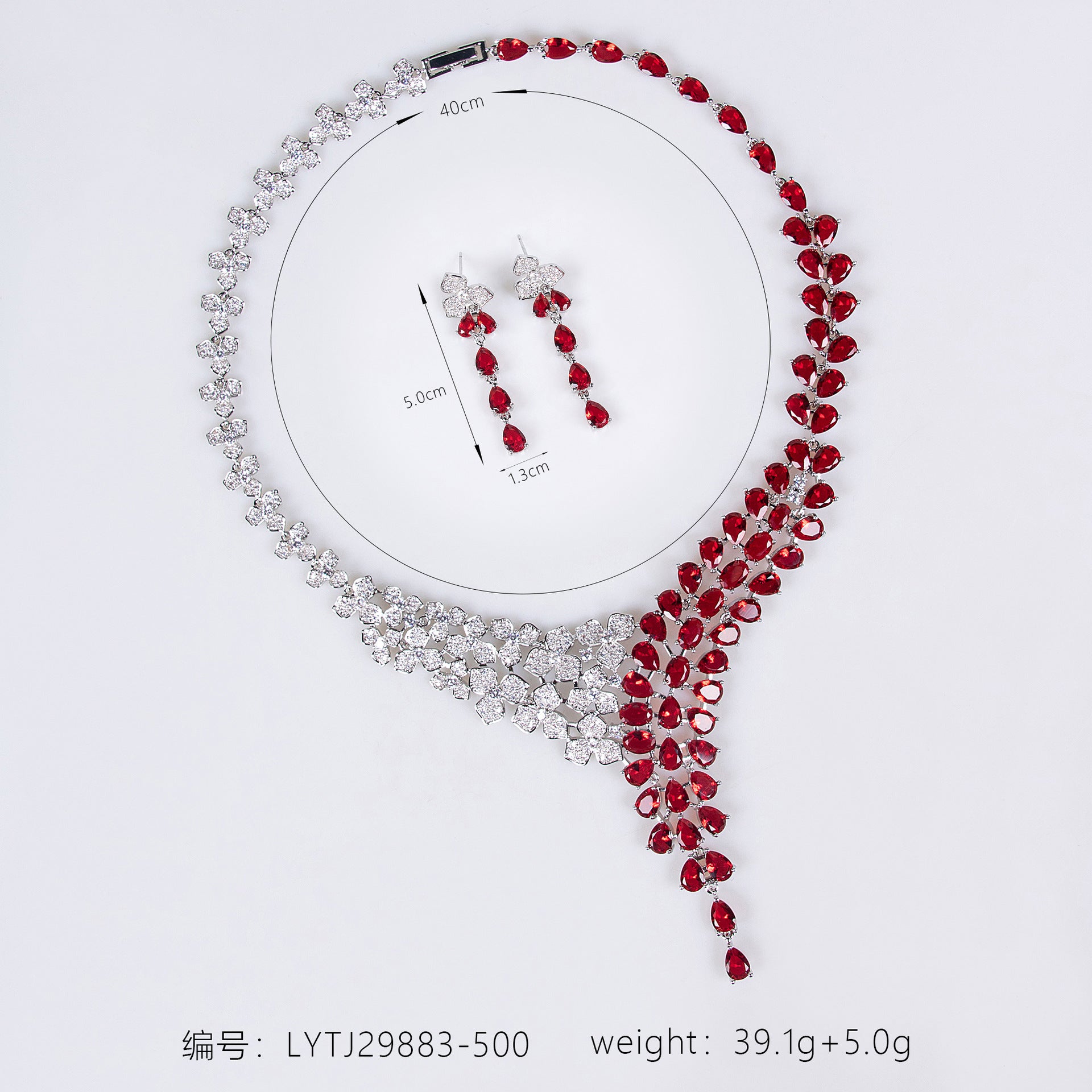 Luxury Ruby Red Crystal Necklace and Earrings Jewelry Set