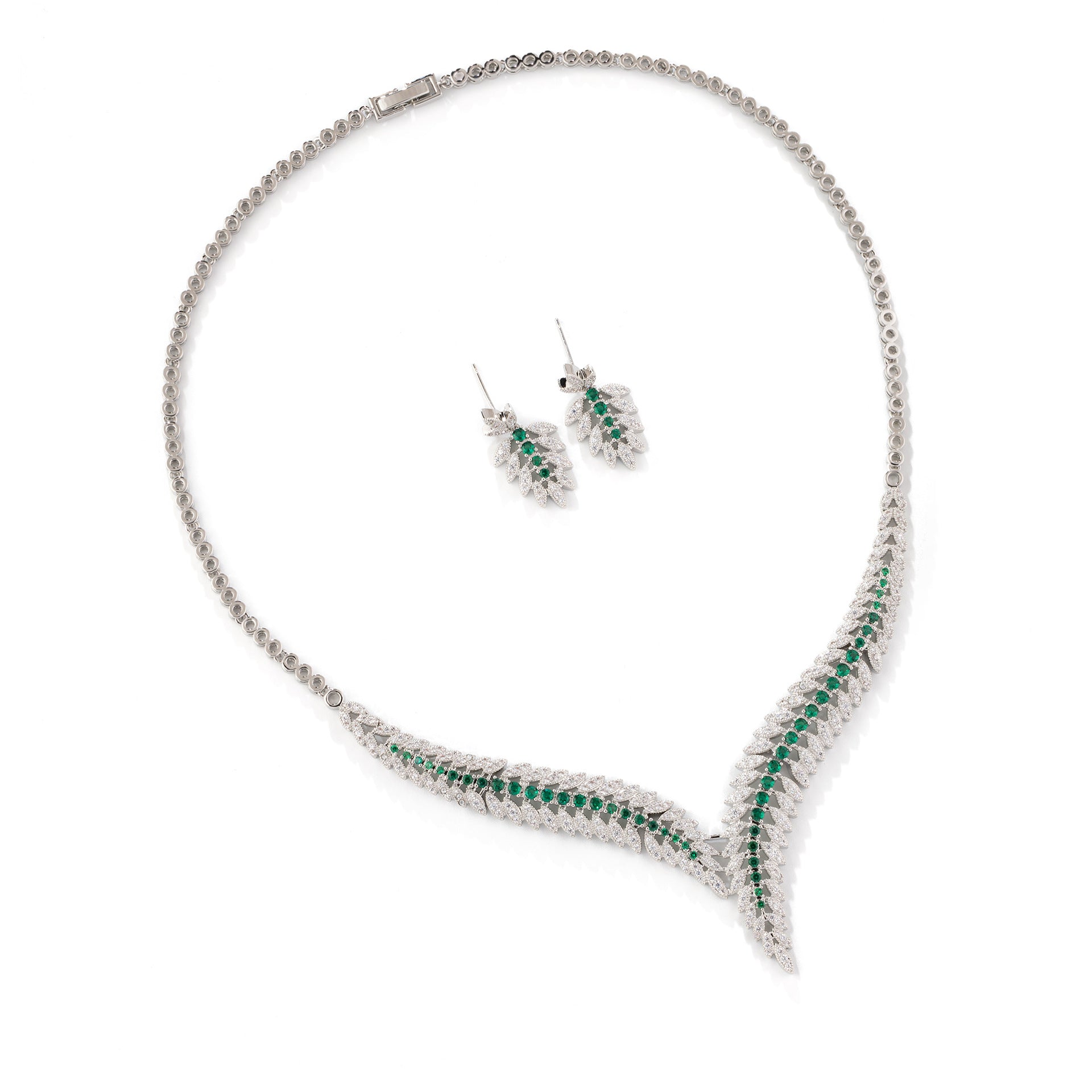 Luxury Emerald Green Leaf Necklace Earrings Set – Elegant Jewelry for Women