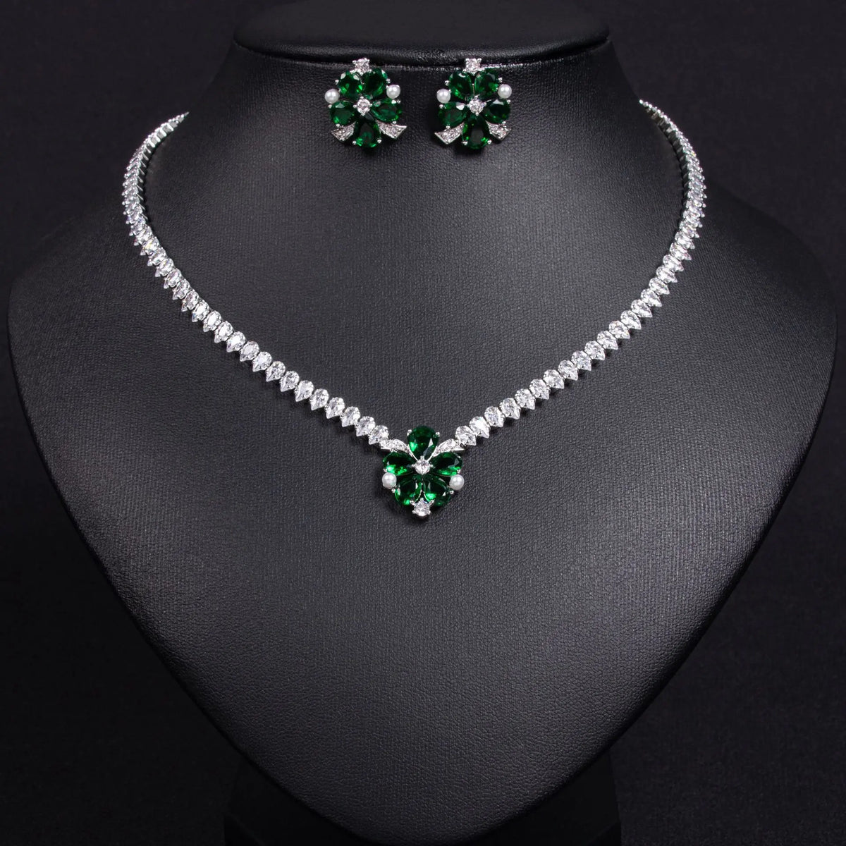 Luxury Emerald Green Floral Necklace Set for Women – Marquise Crystal Jewelry with Matching Earrings