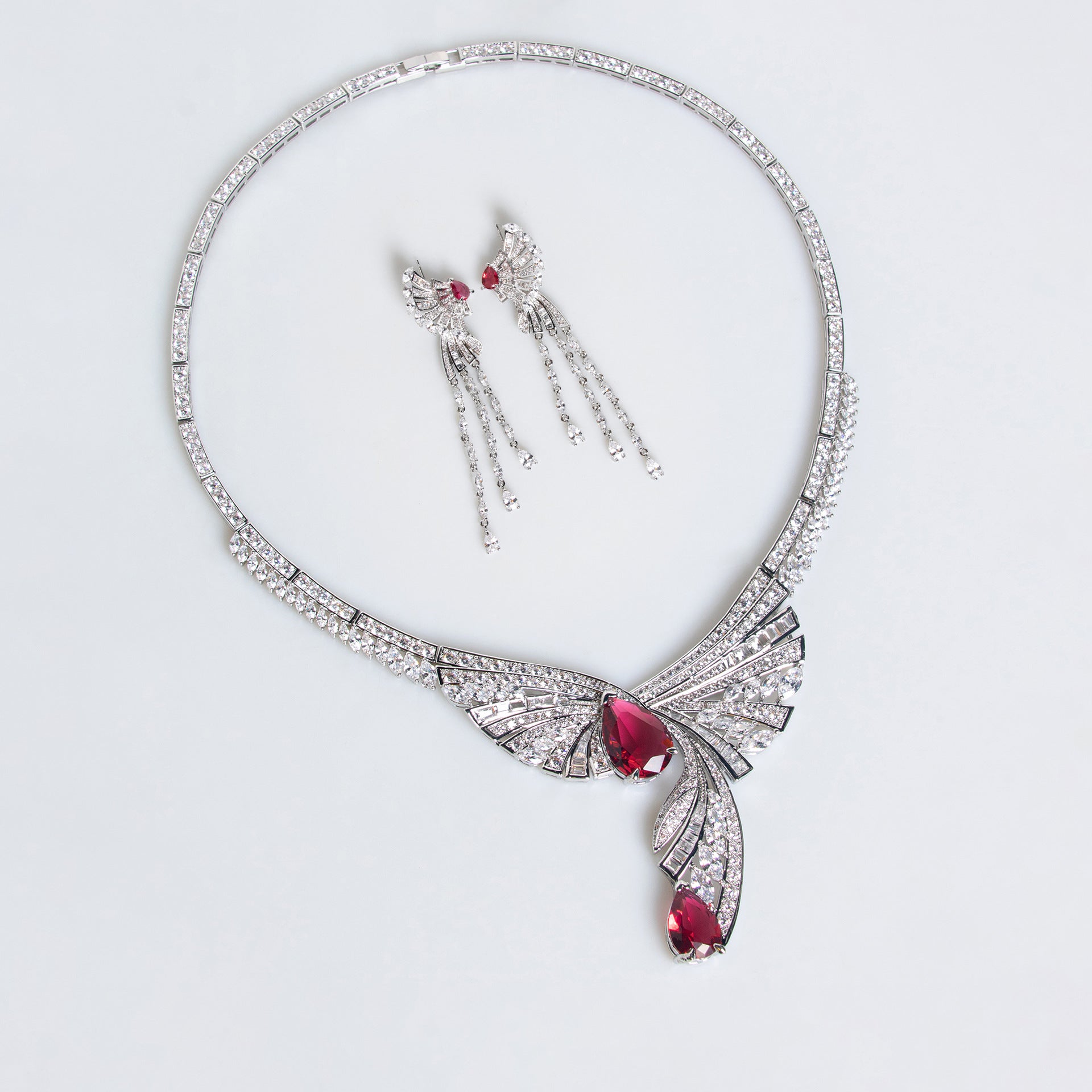 Elegant Green Crystal Wing Necklace and Earrings Set – Luxury Fantasy Jewelry Collection