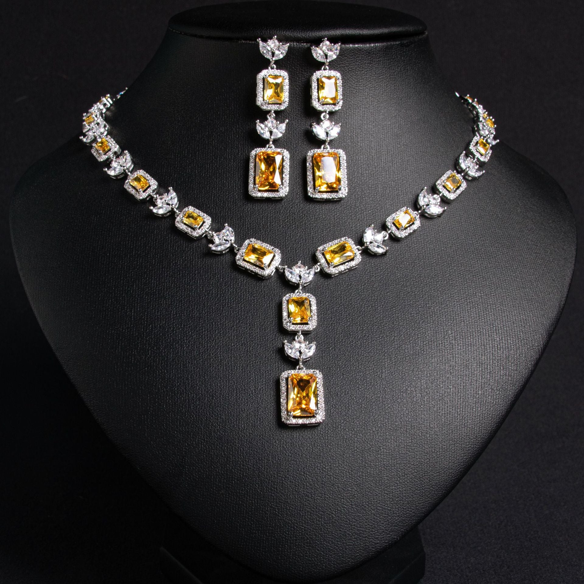 Parure collier et boucles d'oreilles de luxe en cristal jaune pour soirée