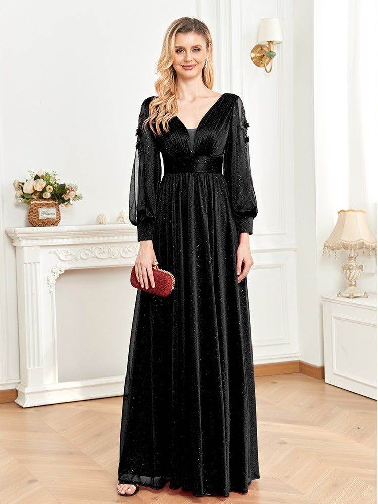 Sexy V-neck temperament long-sleeved dress