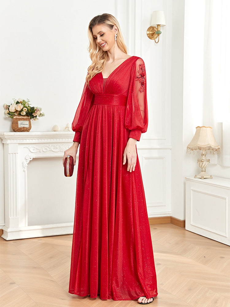 Sexy V-neck temperament long-sleeved dress