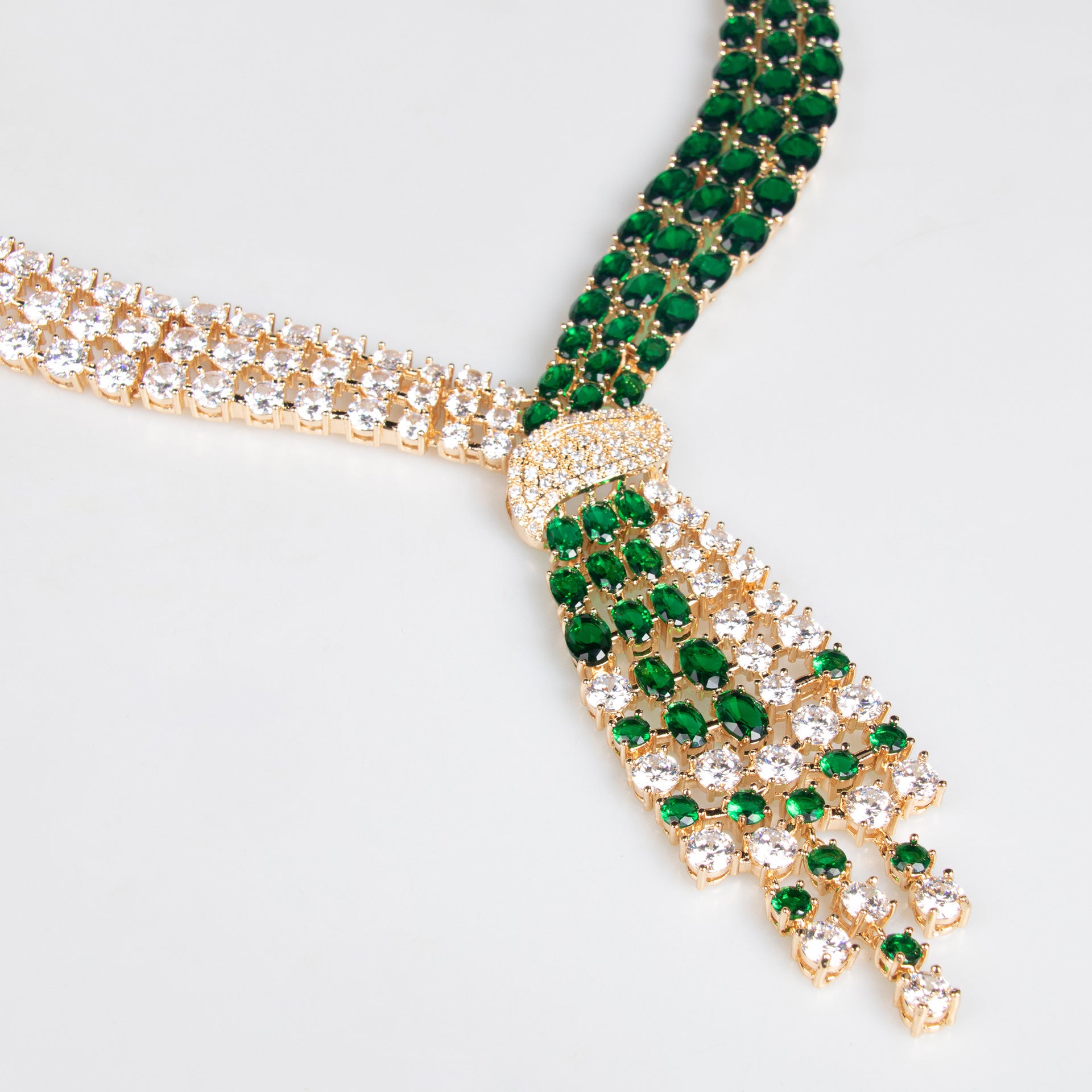 Luxury Emerald Green Crystal Tassel Necklace and Earrings Jewelry Set for Women