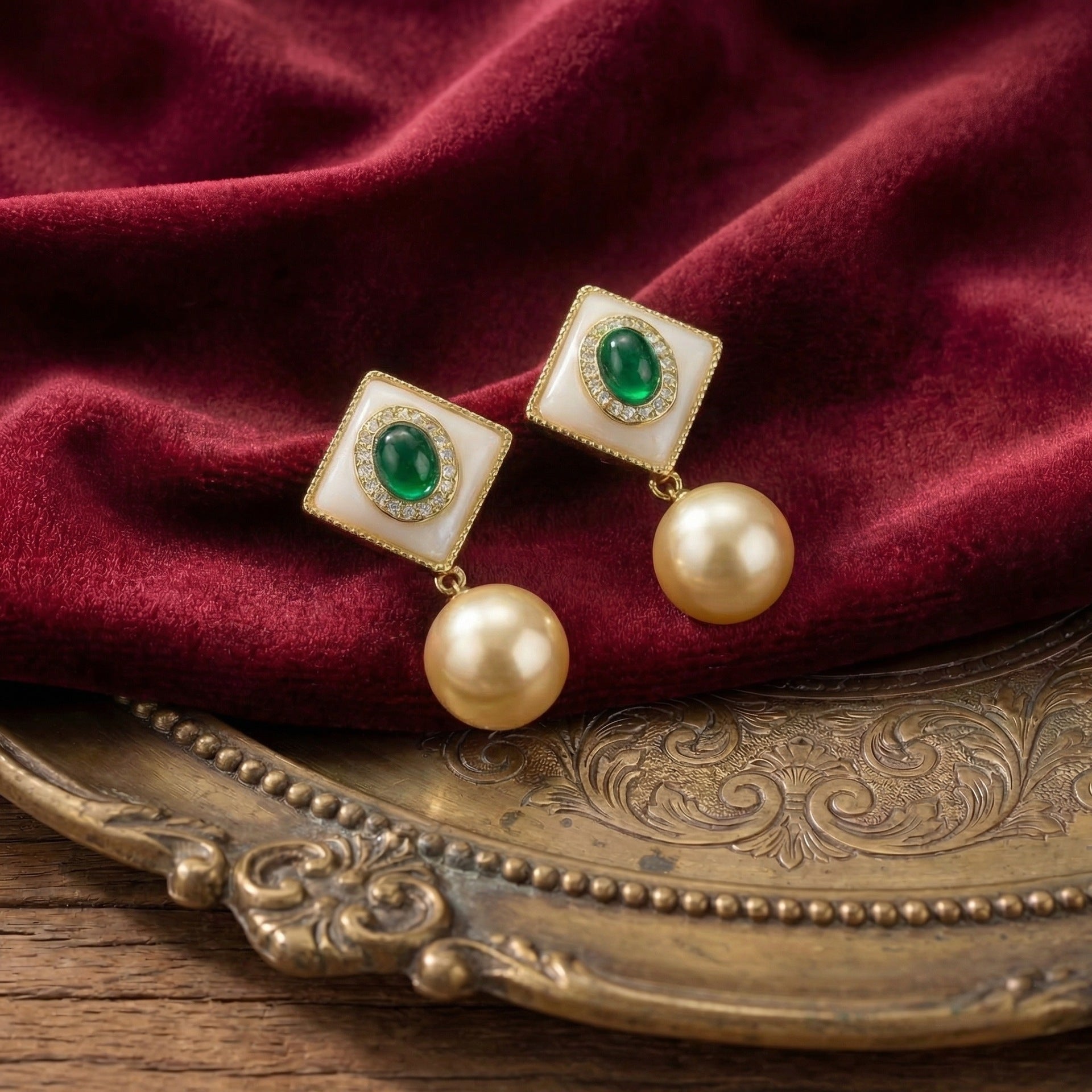 Vintage court style square fritillary pearl earrings