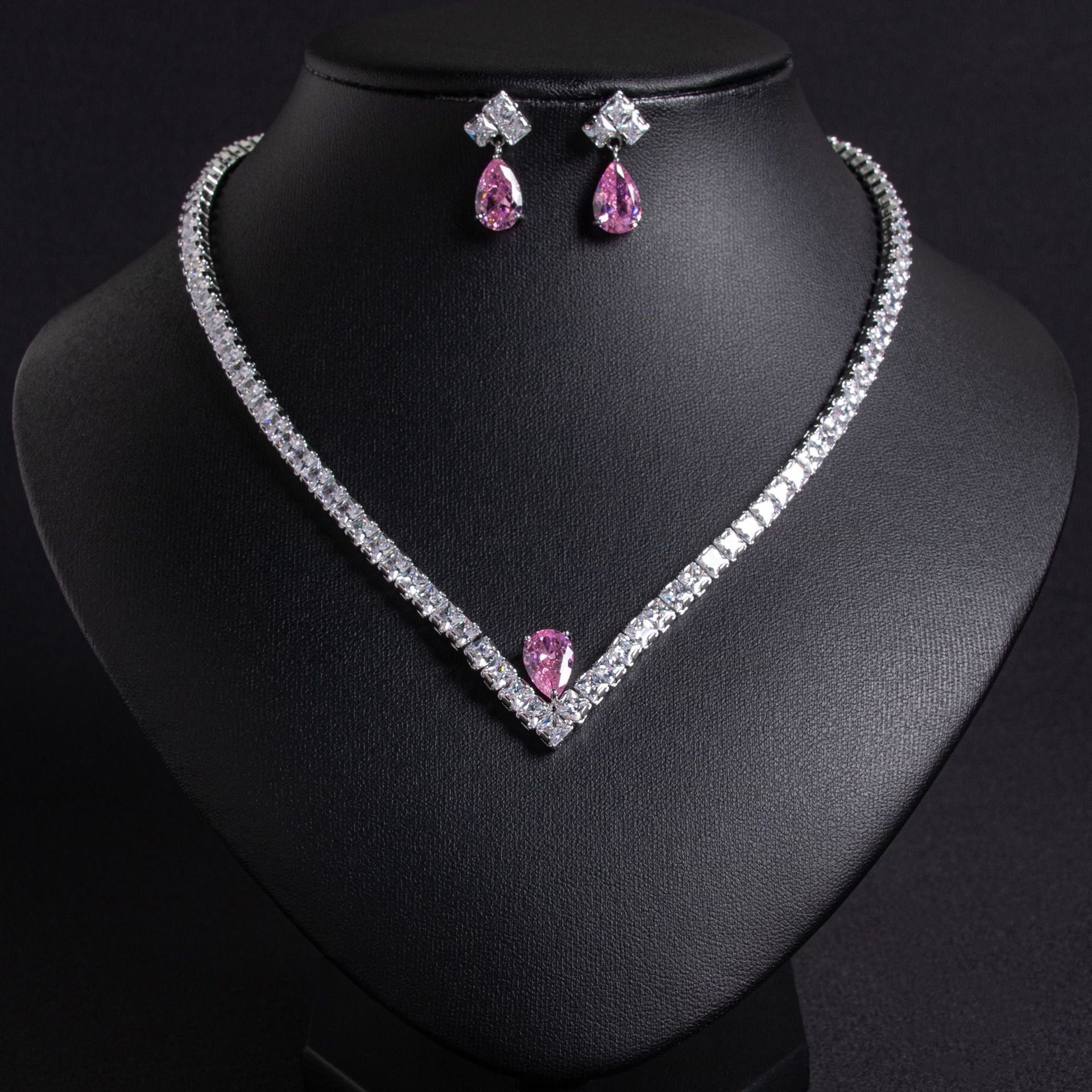 Luxury Pink Teardrop Crystal Necklace and Earrings Jewelry Set for Women