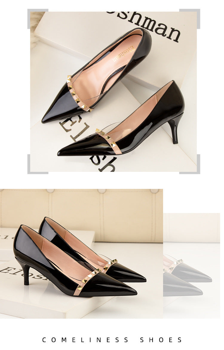 Sexy pointed patent leather rivets shallow high heels