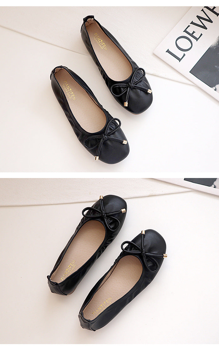 Casual square head soft-soled bow loafers