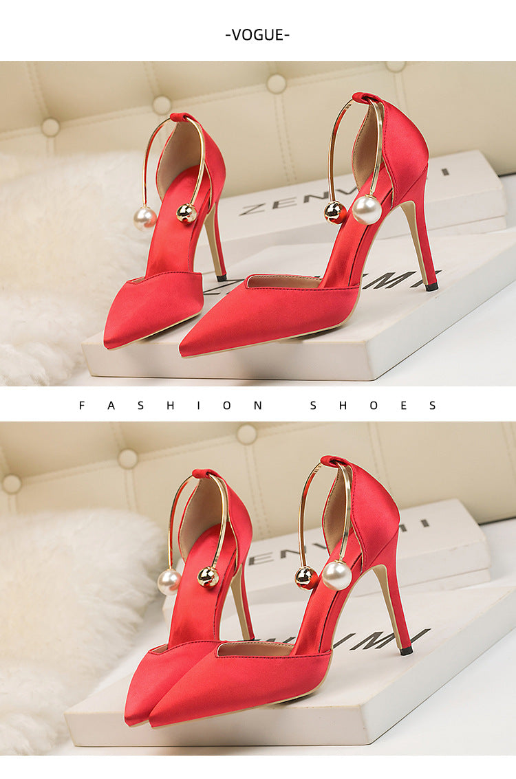 Fashion satin hollow metal word with high heel sandals