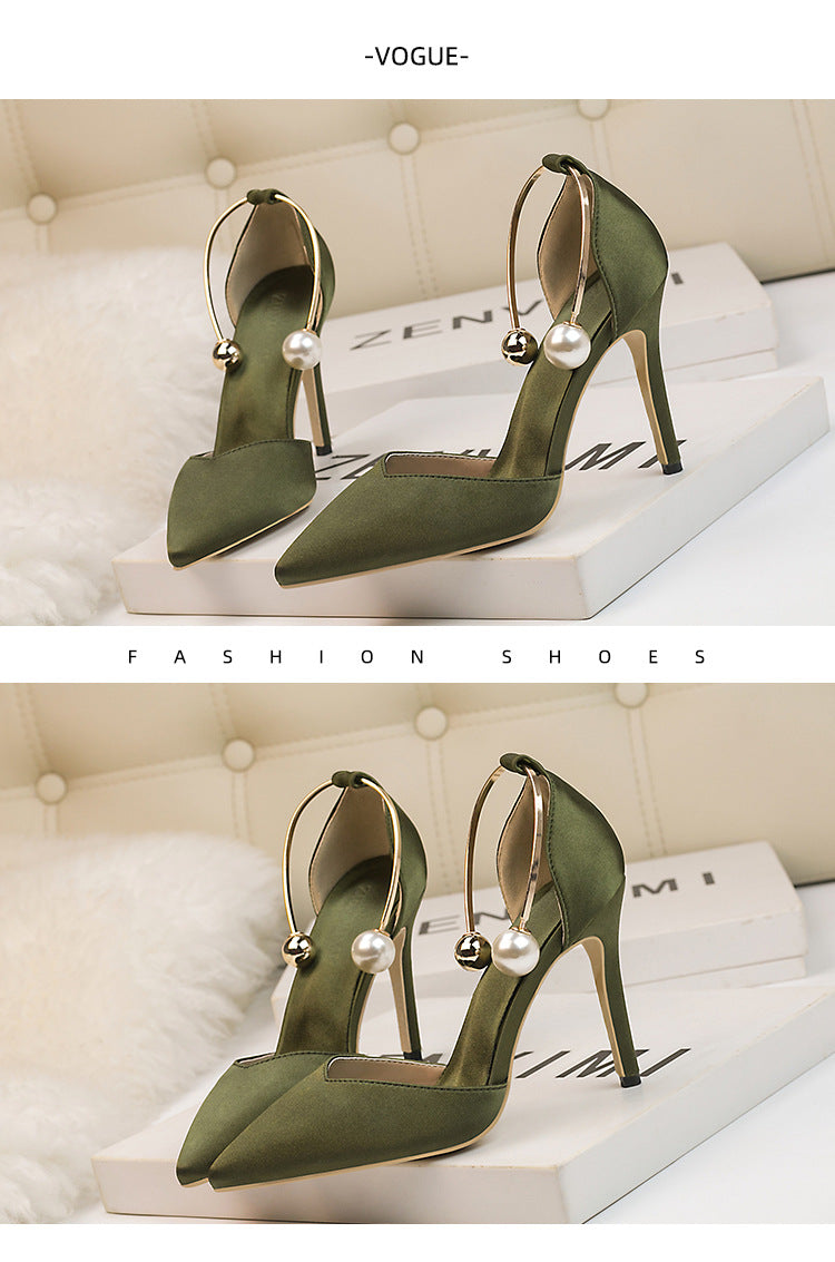 Fashion satin hollow metal word with high heel sandals