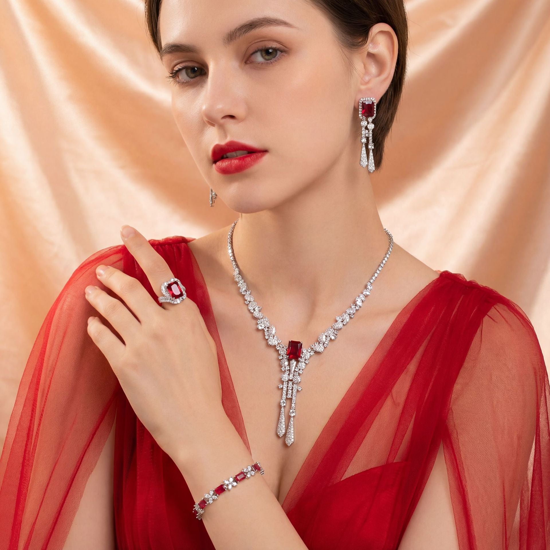 Luxury Ruby Red Crystal Jewelry Set – Necklace Earrings Ring Bracelet for Women