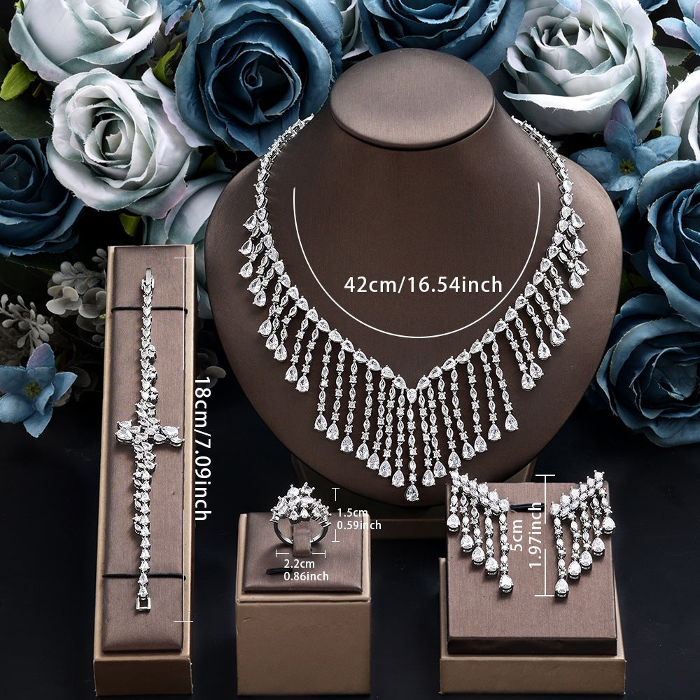 Luxury Silver Crystal Fringe Necklace Set Earrings Ring Bracelet Bridal Wedding Statement Jewelry for Women Elegant Sparkling Set