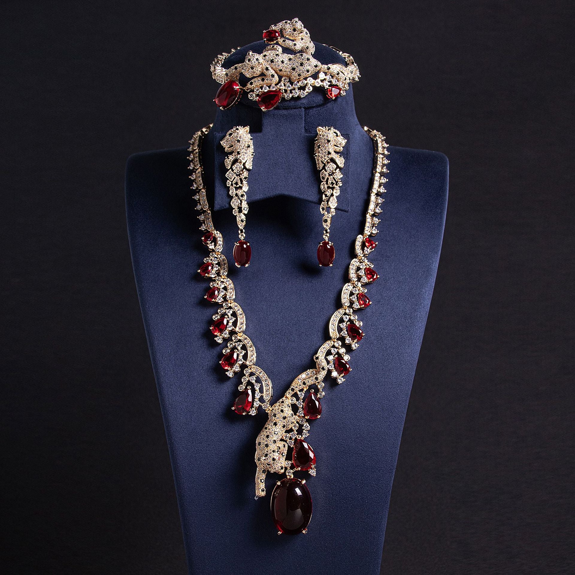 Luxury Ruby Red Leopard Jewelry Set – Gold Statement Necklace Earrings Bracelet