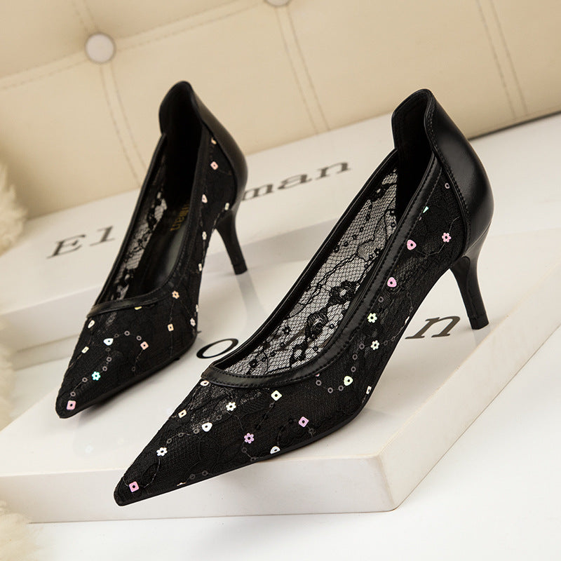 Stylish pointed mesh lace high heels