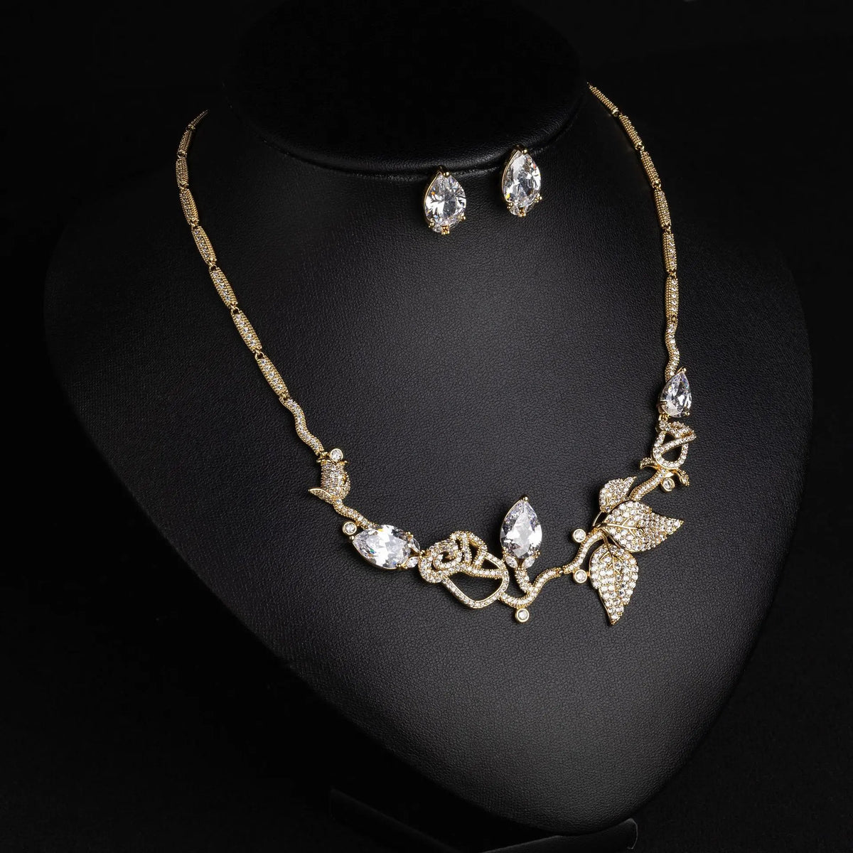 Water drop leaf zircon necklace and earrings set - women's luxury jewelry for banquets and weddings