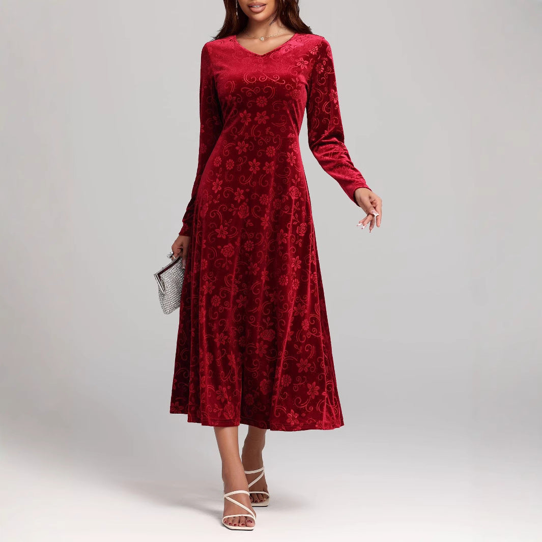 Long Sleeve V-Neck Printed Velvet Dress