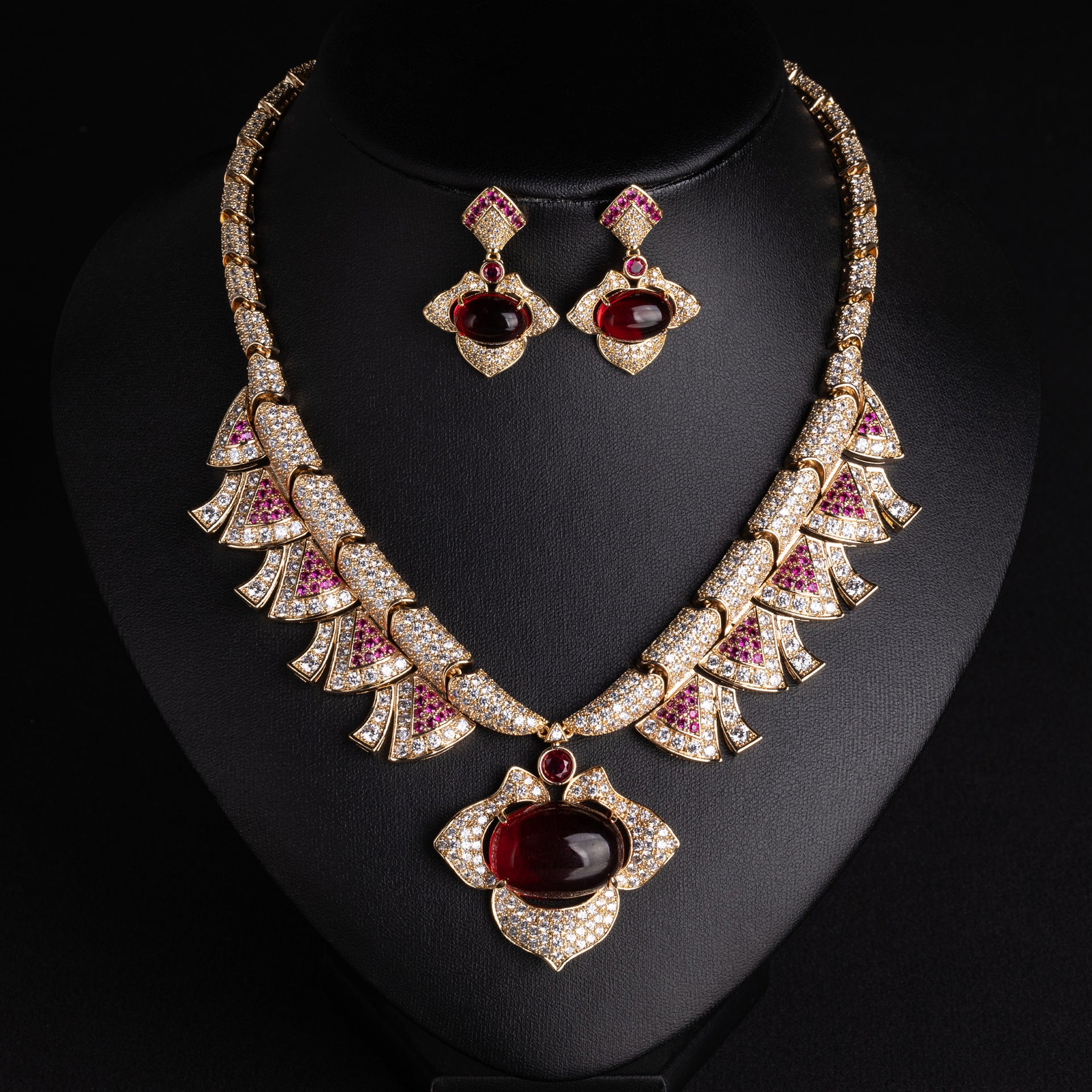 Luxury Red Gemstone Statement Necklace Set – Sparkling Gold Earrings Jewelry