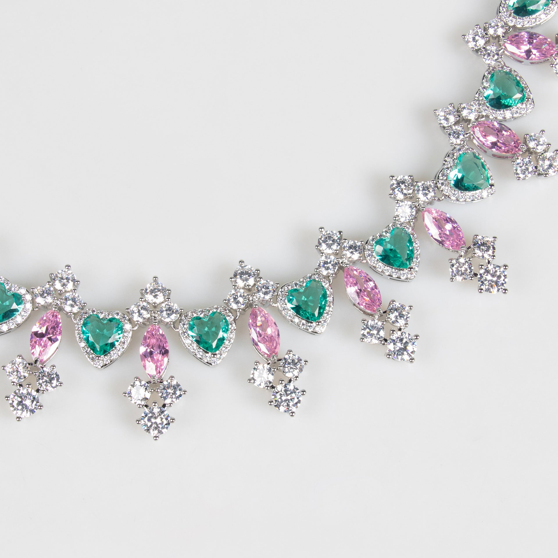 Luxury Emerald Pink Crystal Necklace and Earrings Jewelry Set