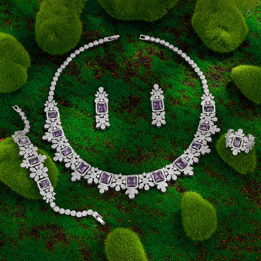 Luxury Purple Crystal Necklace Earrings Bracelet Ring Jewelry Set