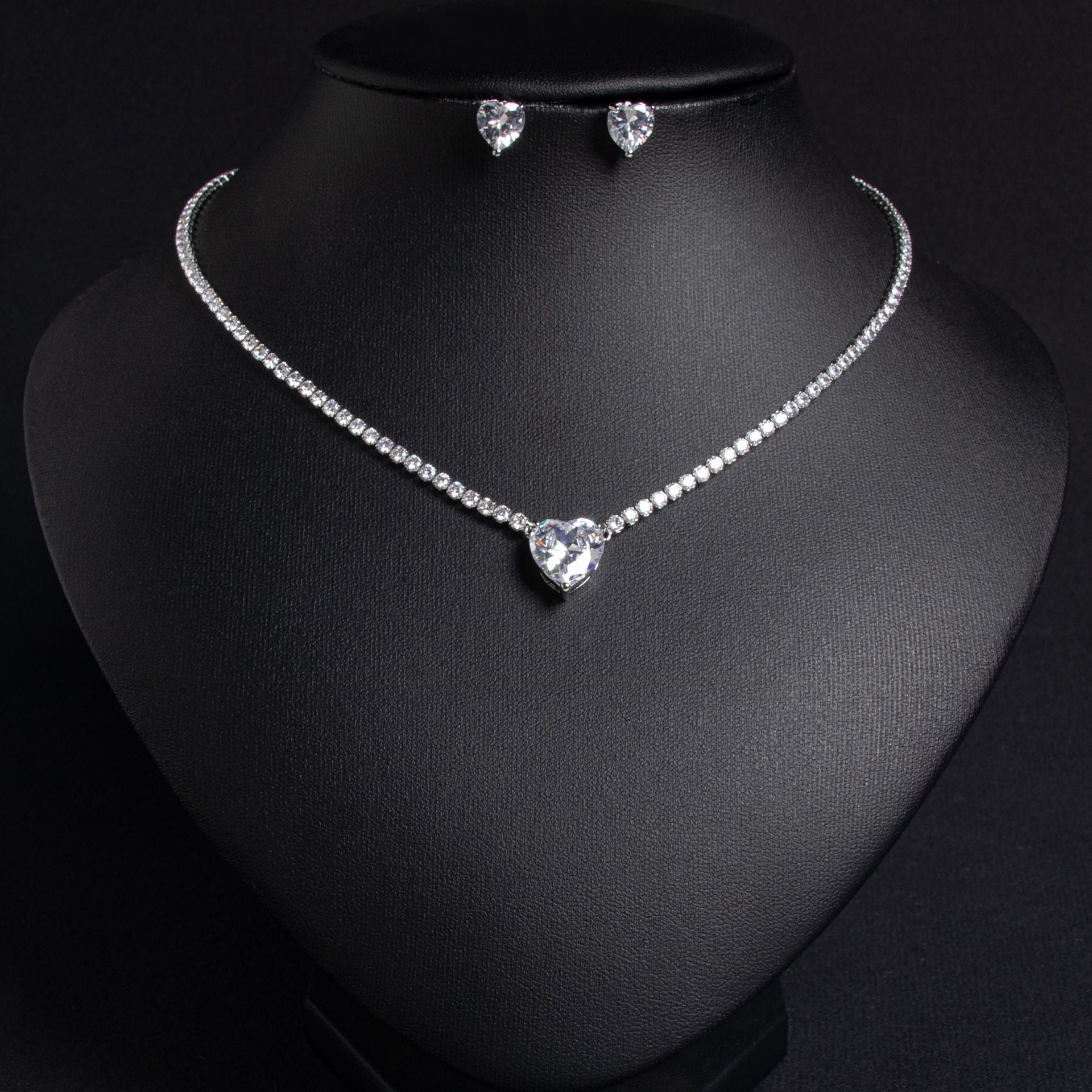 Luxury Pink Heart Crystal Necklace and Earrings Jewelry Set for Women