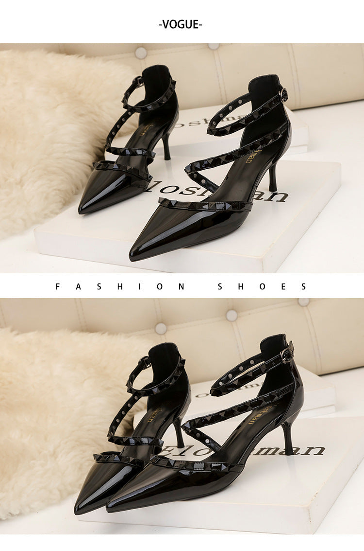 Simple pointed rivets hollow word with high heels sandals