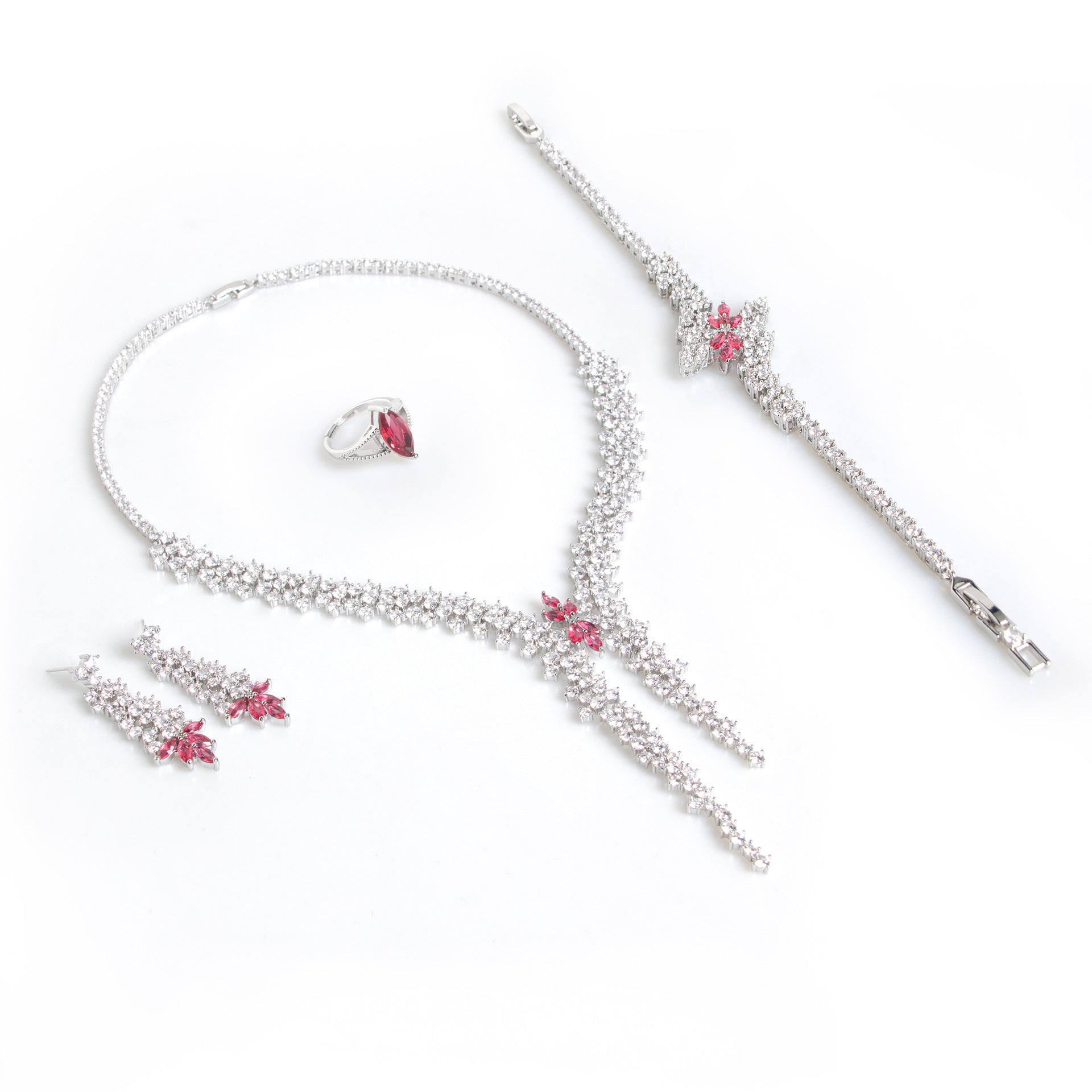 Luxury Green Crystal Wedding Jewelry Set – Silver Necklace Earrings Bracelet