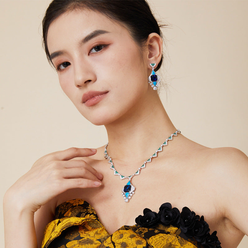 Gold-plated blue square gemstone necklace