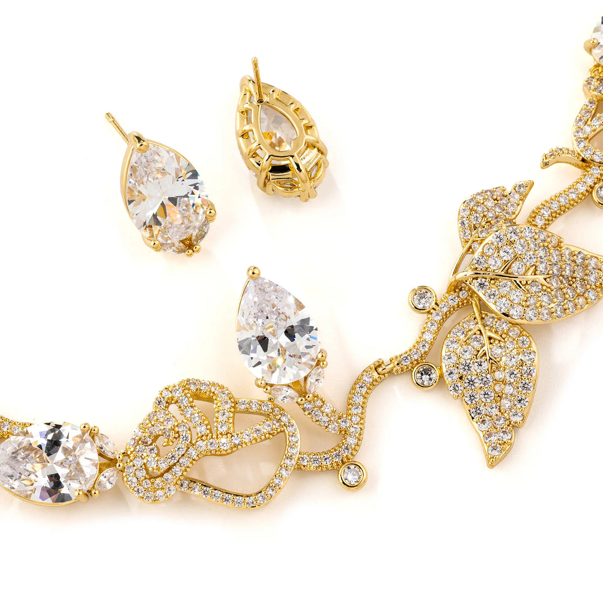 Water drop leaf zircon necklace and earrings set - women's luxury jewelry for banquets and weddings
