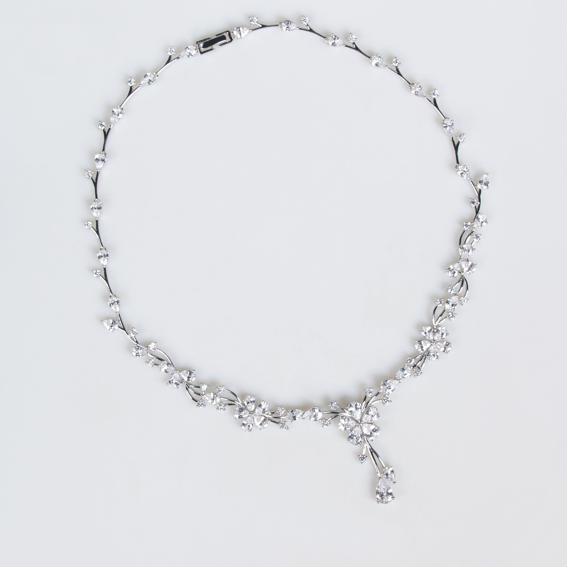 Elegant Silver Floral Crystal Necklace and Earrings Jewelry Set