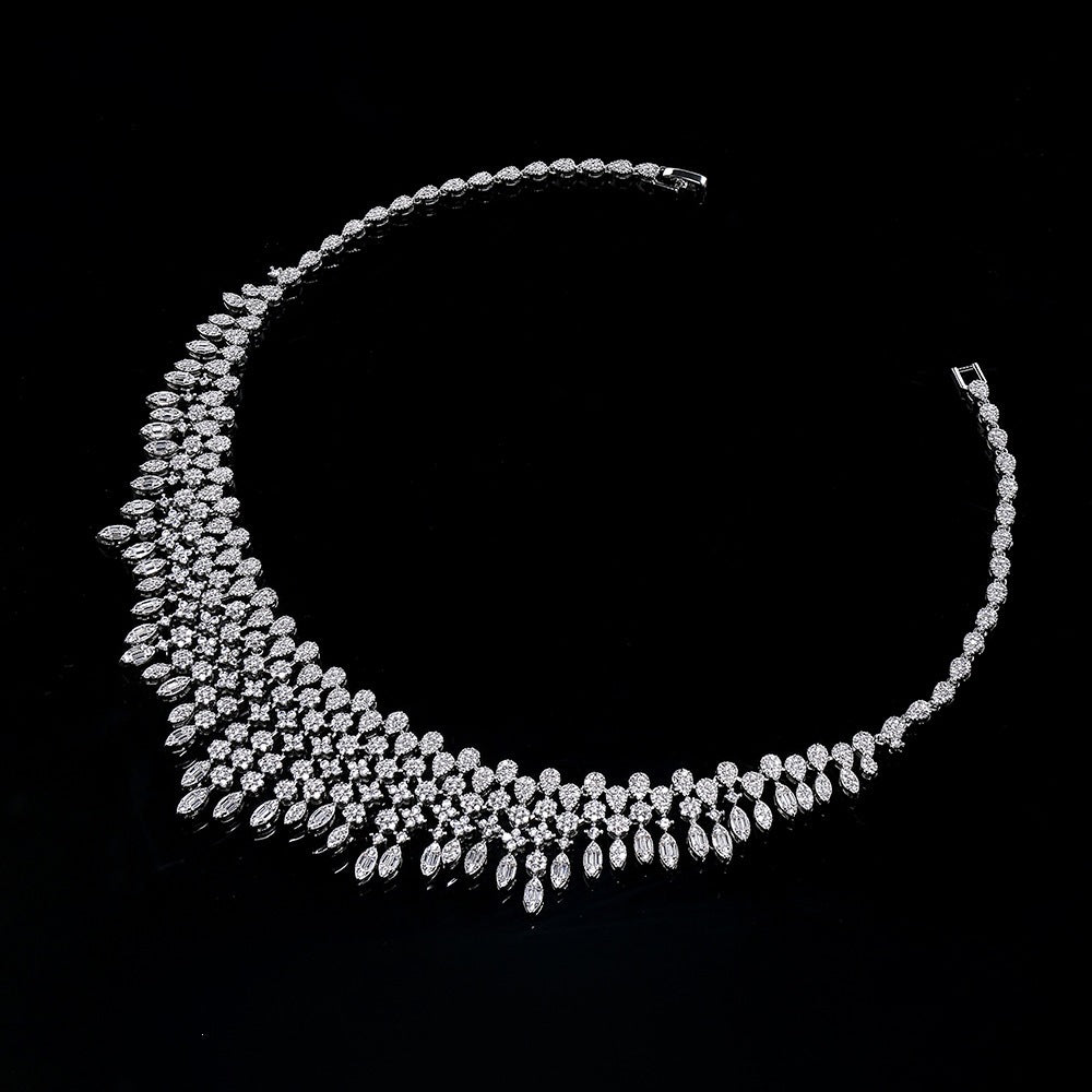 Luxury Crystal Fringe Necklace Set Silver Tone Statement Jewelry Set Earrings Ring Bridal Wedding Jewelry for Women
