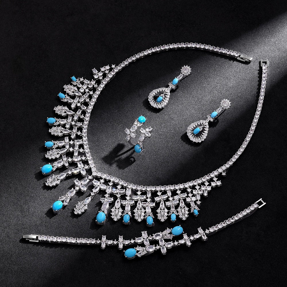 Luxury Silver Crystal Turquoise Blue Jewelry Set Necklace Earrings Ring Bracelet Bridal Wedding Statement Set for Women