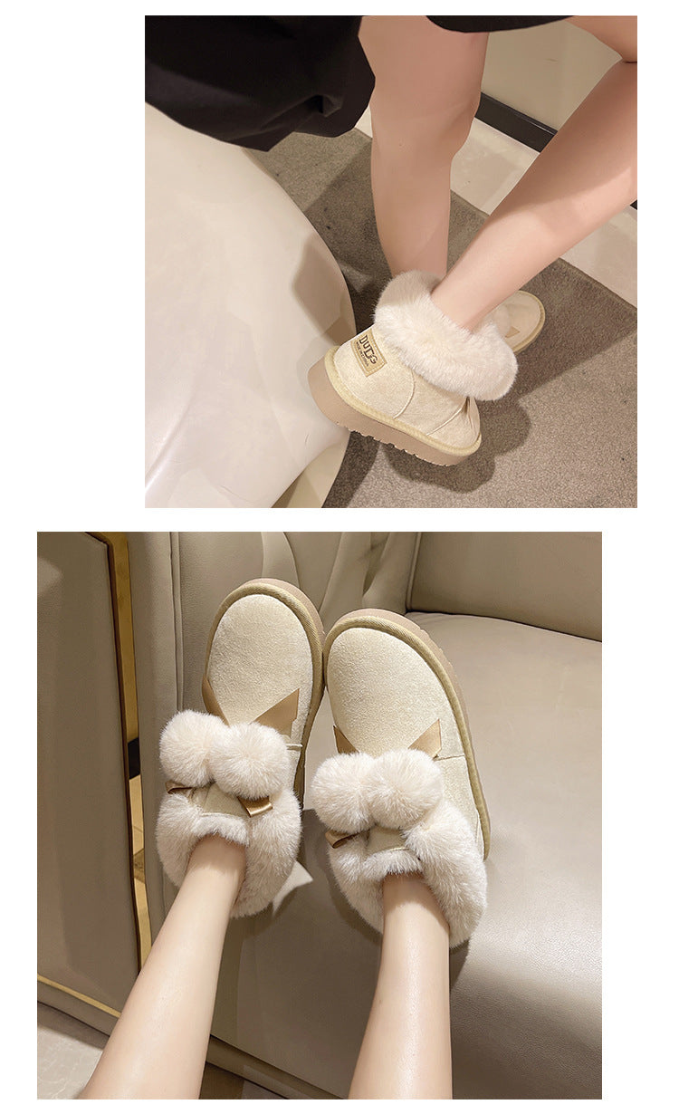 Stylish plush thermal hairball flat-bottomed snow boots