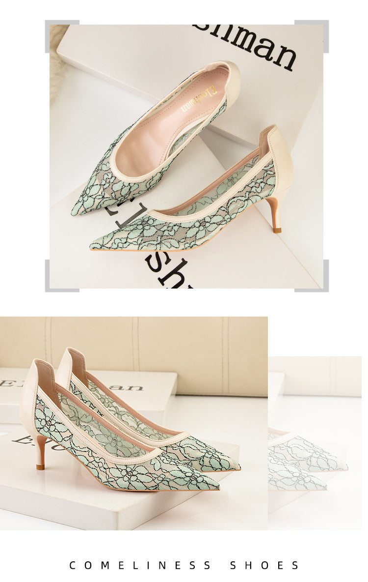 Sexy pointed hollow lace high heels