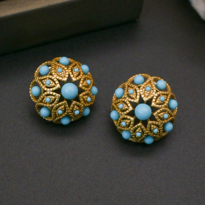 [Streamer embellishment] Retro pure copper stud earrings, umbrella-shaped glazed inlaid earrings, bright stud earrings
