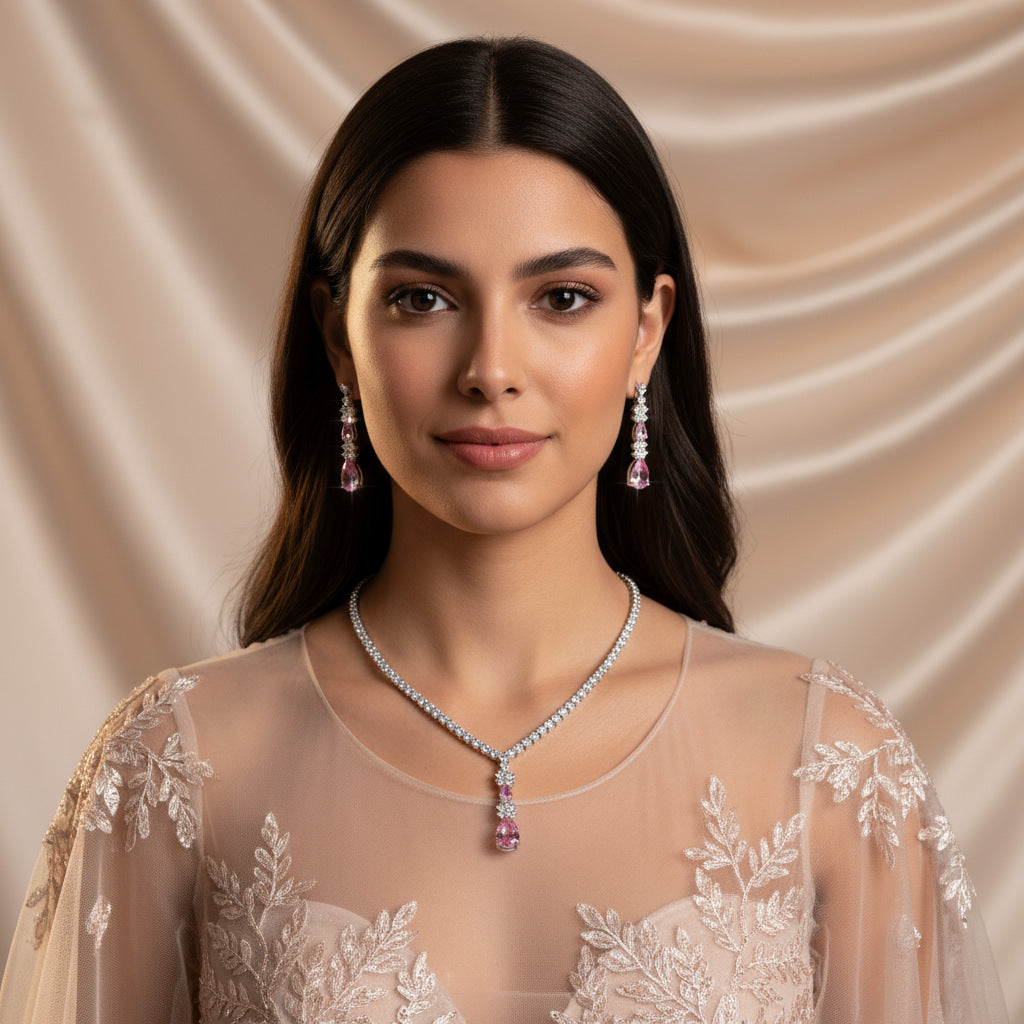 Elegant Emerald Crystal Jewelry Set – Silver Necklace Earrings for Women