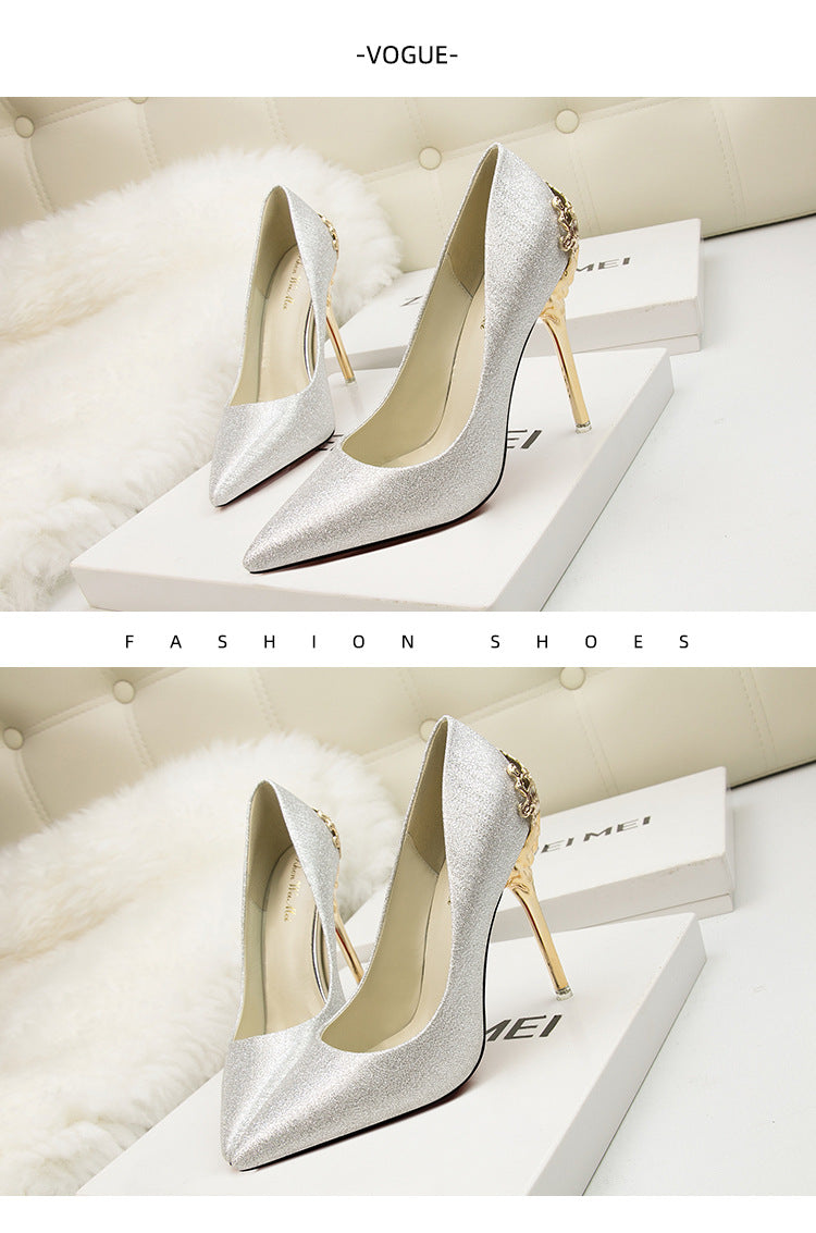 Metal hollow suede pointed heels