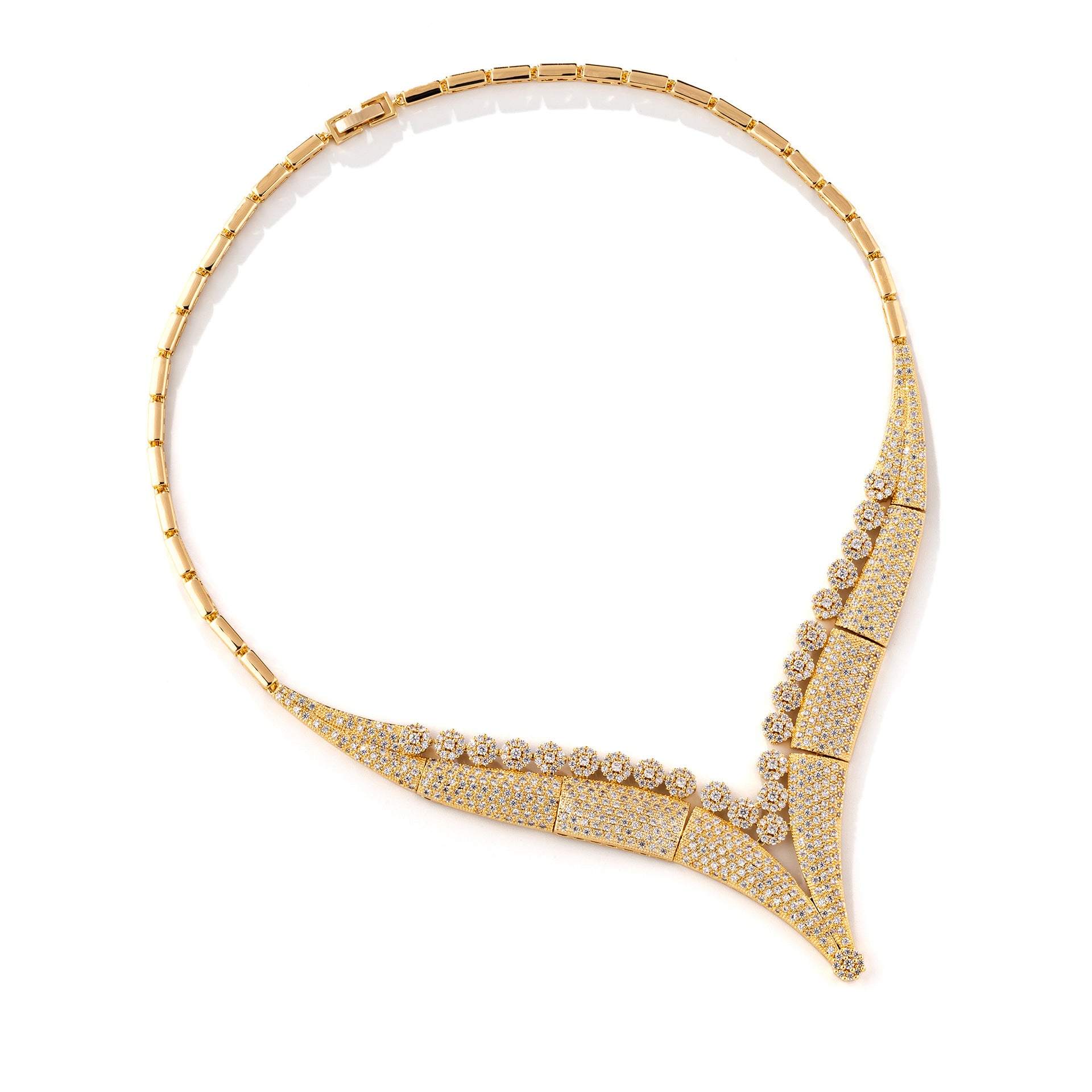 Elegant Gold Crystal Jewelry Set – V Shape Necklace Earrings for Women