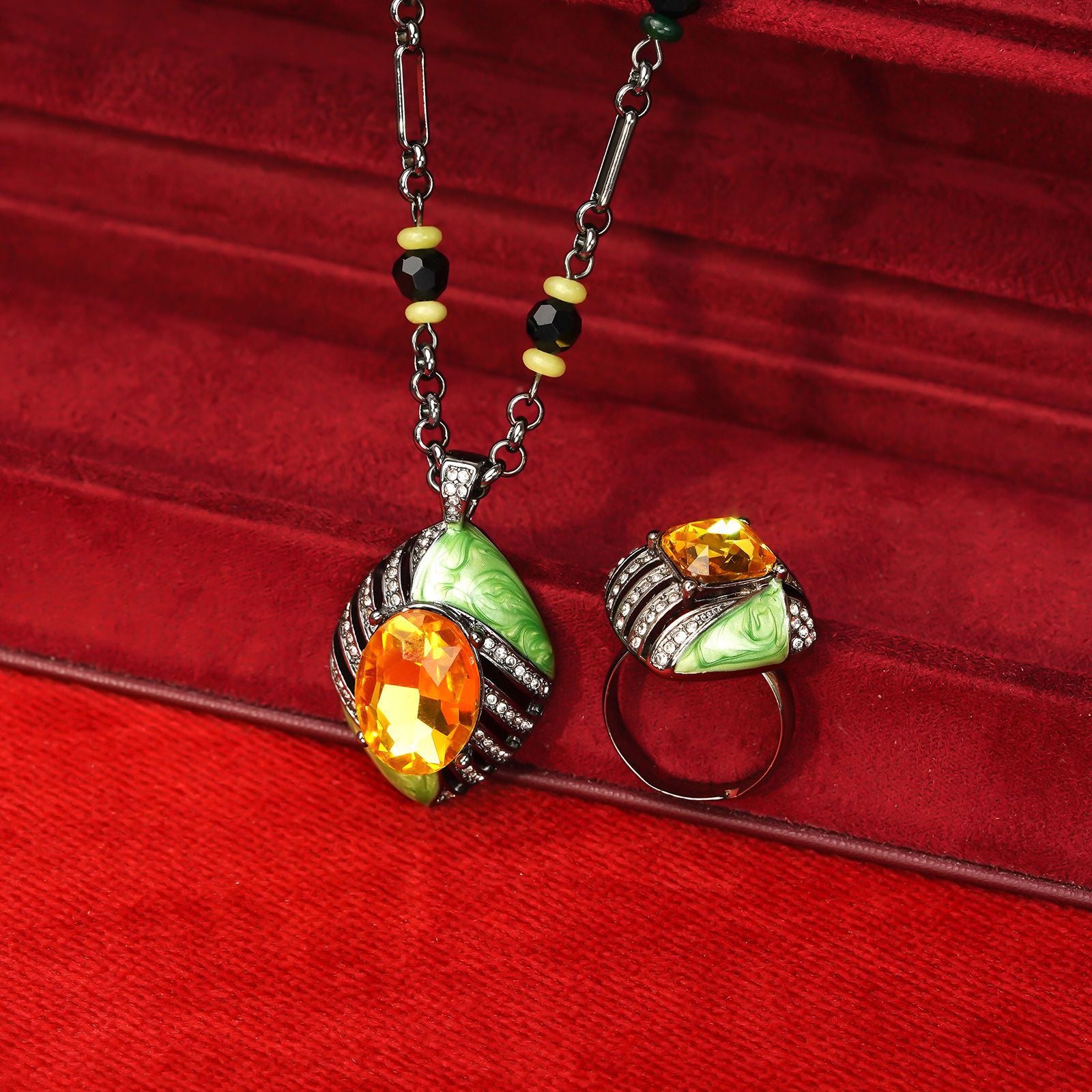 Light Luxury Topaz Geometric Stud Earrings Necklace Ring Set