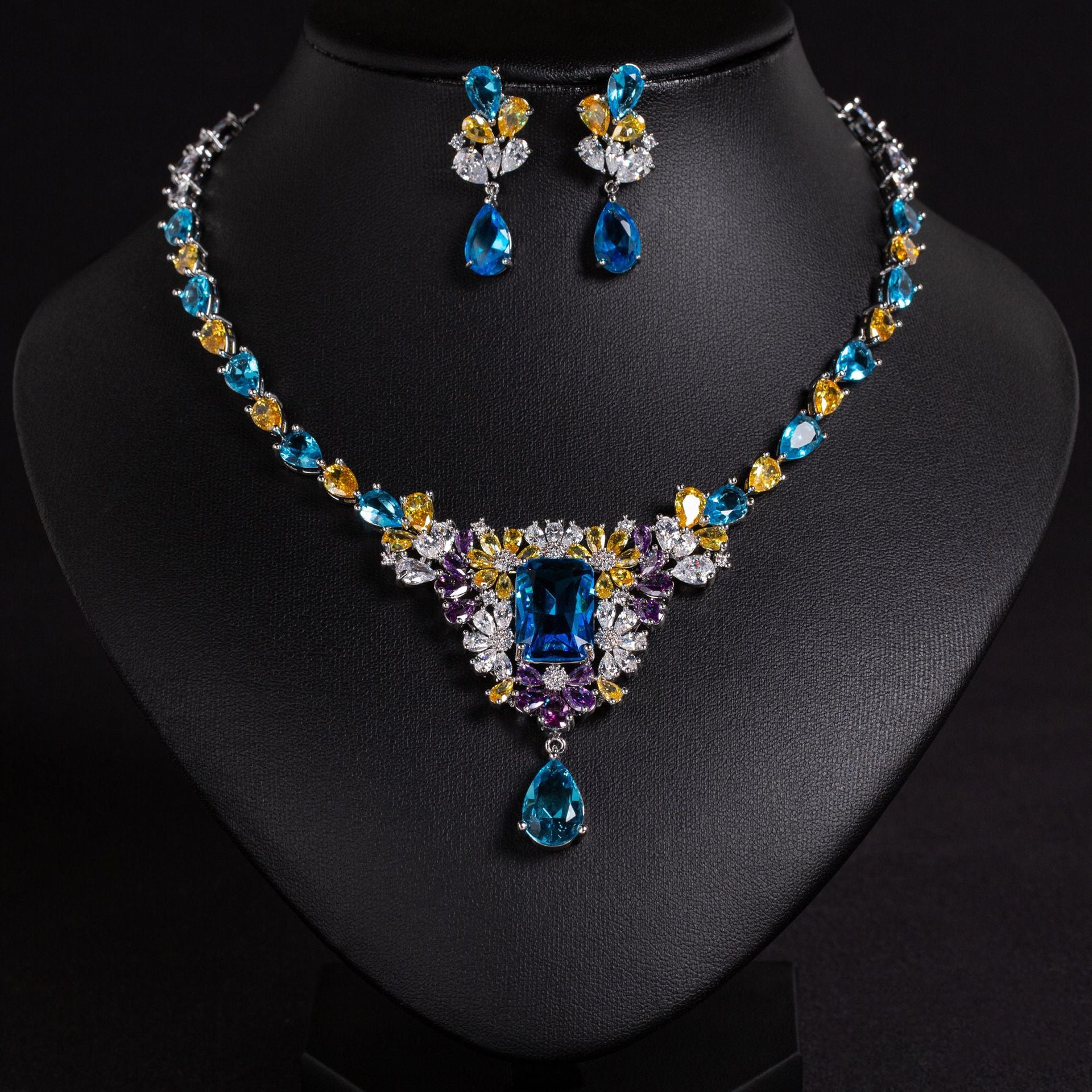 Luxury Royal Blue Gemstone Necklace Set for Women – Multicolor Statement Jewelry with Matching Earrings