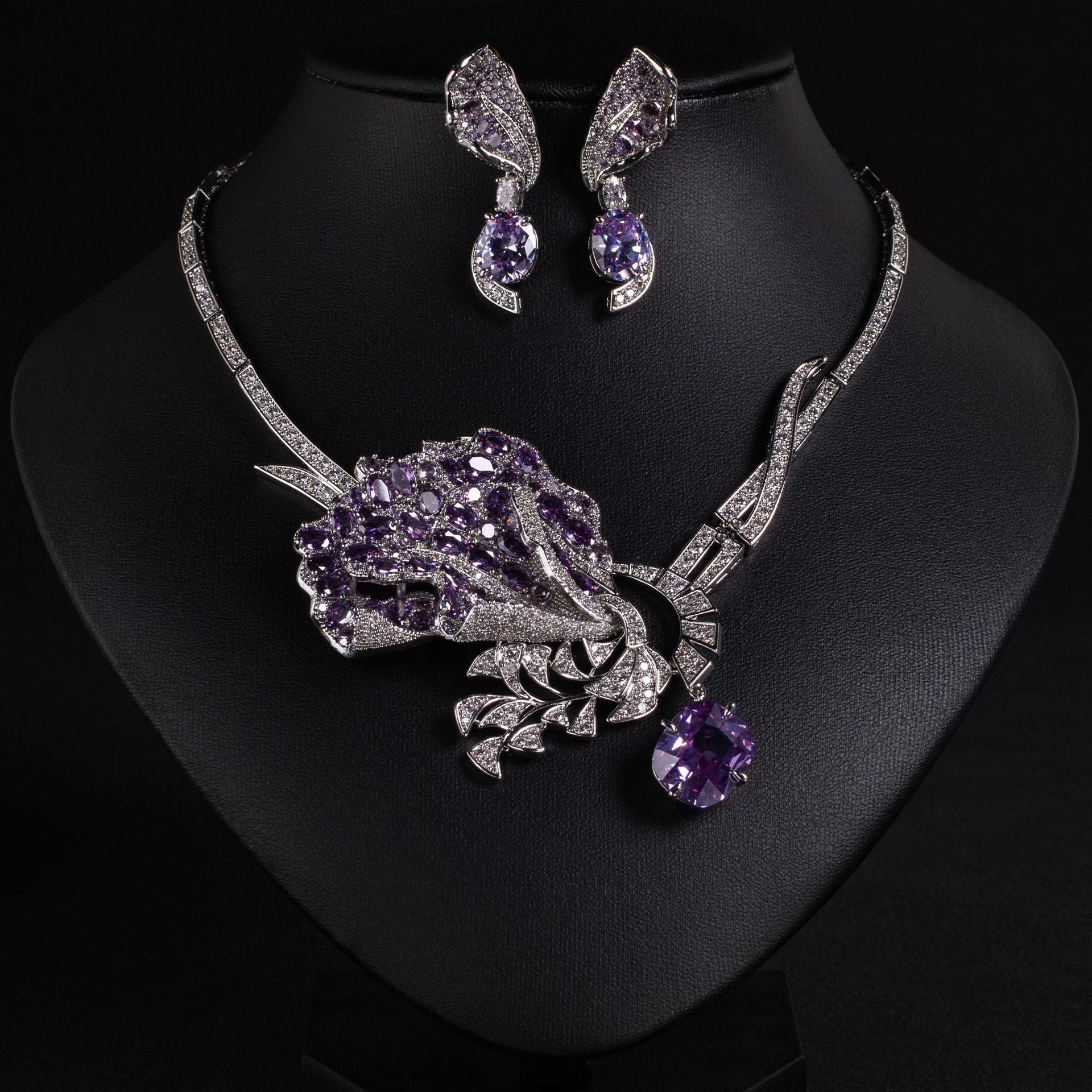 Luxury Emerald Rose Statement Jewelry Set – Crystal Necklace Earrings for Women
